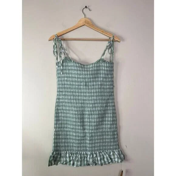 NWT Reformation Gemini Check Tie Strap Ruffle Hem Smocked Mini Dress Green